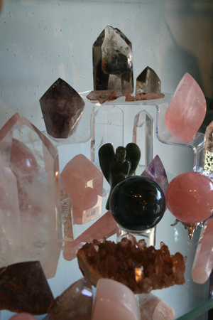 quartz angels, spheres, and sculptures